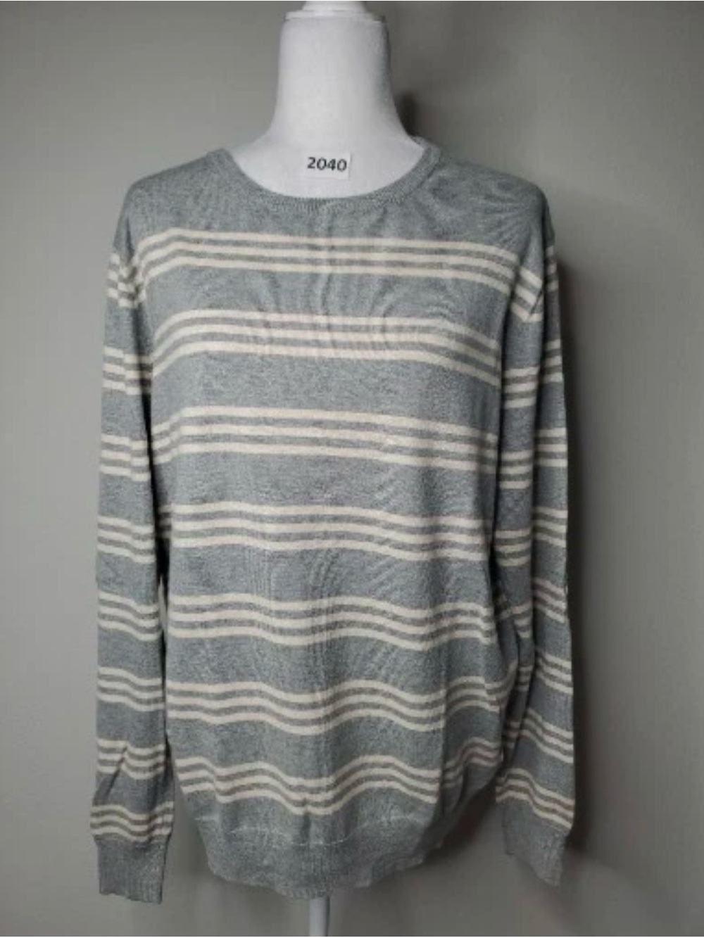 J. Crew Light Gray Crewneck Sweater with Cream Stripes